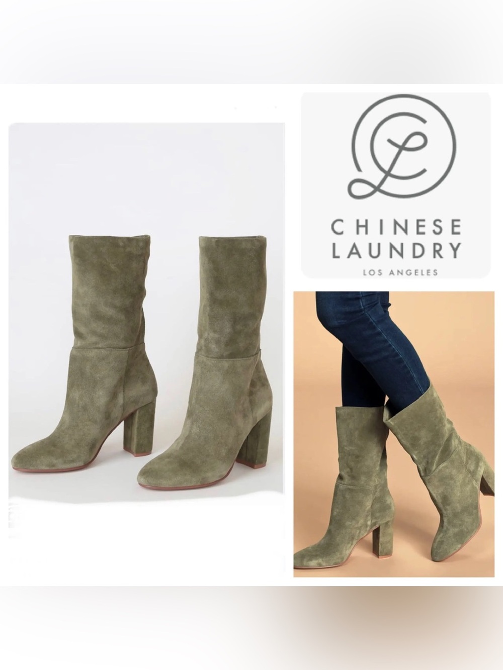Chinese Laundry “Keep up” Olive Green Suede Mid-Calf Block Heel Boots